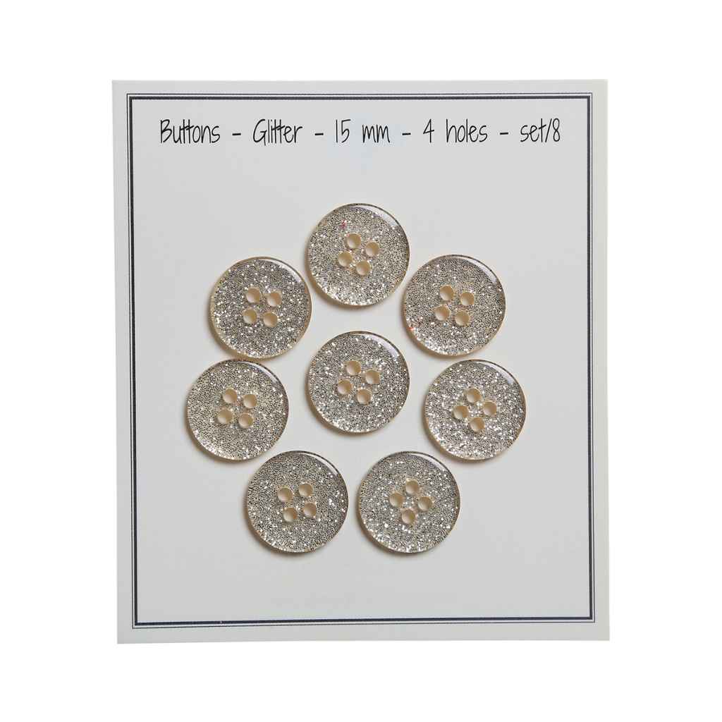 Go handmade Buttons glitter, 9mm 2 holes, set of 15 pcs.