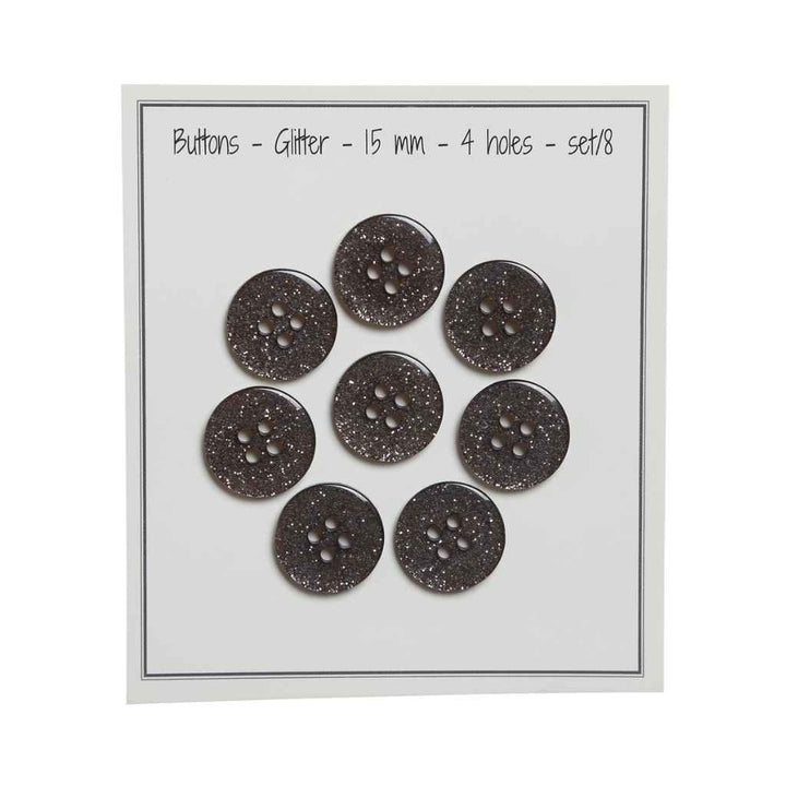 Go handmade Buttons glitter, 9mm 2 holes, set of 15 pcs.