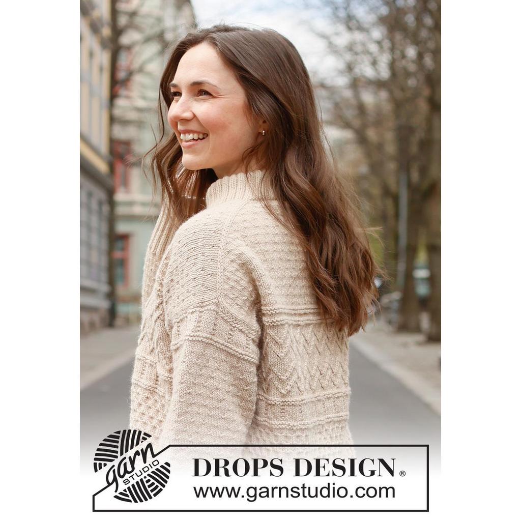 Pullover mit Reliefmuster und doppelter Halsblende Strickanleitung - Drops Design (PDF) bei bei bei Lieblingsgarn