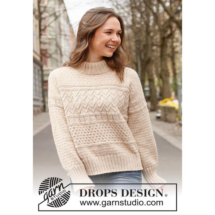 Pullover mit Reliefmuster und doppelter Halsblende Strickanleitung - Drops Design (PDF) bei bei bei Lieblingsgarn