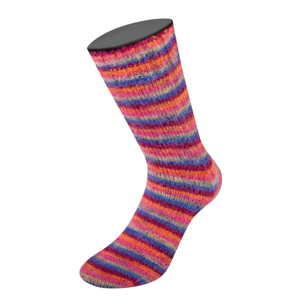 Lana Grossa 156 - Blauviolett/Weinrot/Kürbis/Pink/Graugrün Lana Grossa Cosy Socks Multi Stripes Lieblingsgarn