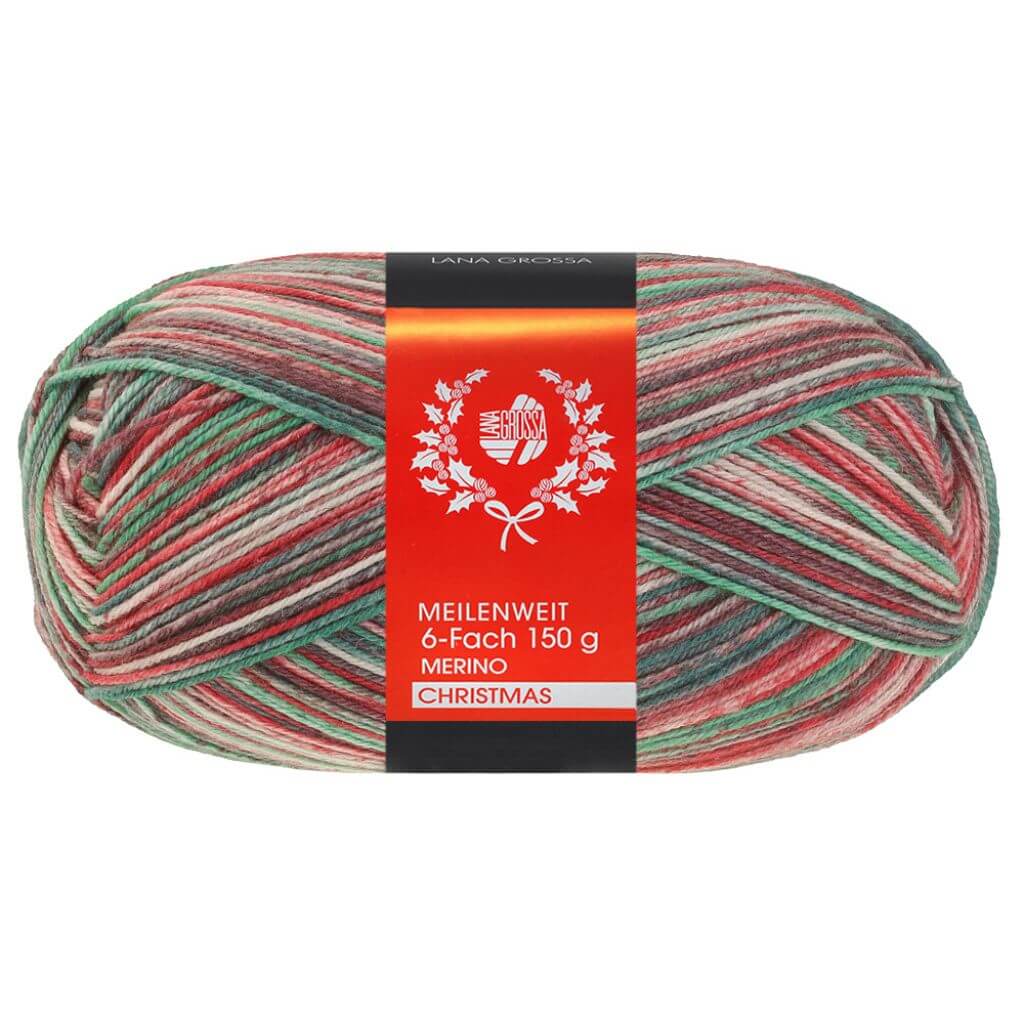 Lana Grossa Meilenweit 6-fach Merino Christmas, Farbe 638 Weiß/Dunkelgrün/ braun/Orange/ Hellgrün bei Lieblingsgarn