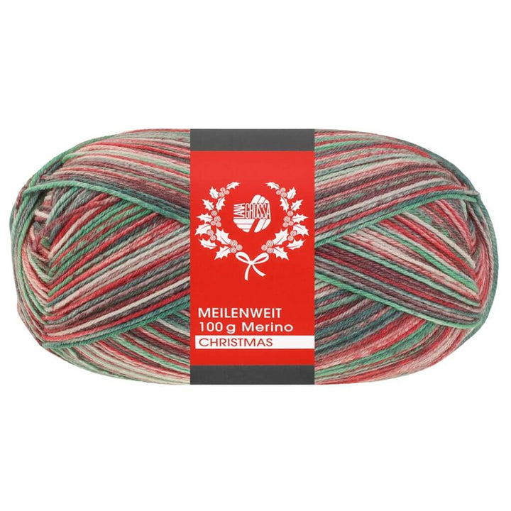 Lana Grossa Meilenweit 100 Merino Christmas Sockenwolle, Farbe 6807 Weiß/Dunkelgrün/ braun/Orange/ bei Lieblingsgarn