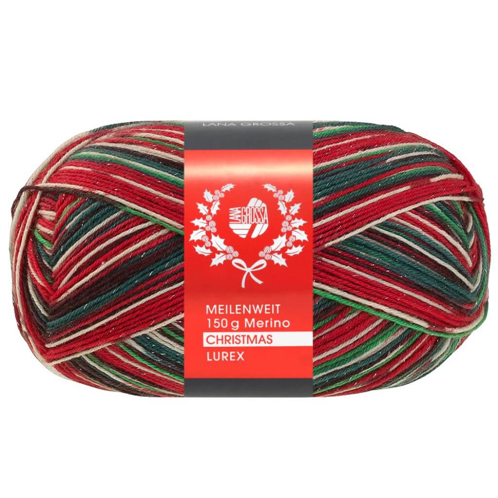 Lana Grossa Meilenweit 6-fach Merino Christmas, Farbe 642 Weiß/Dunkelgrün/ braun/Orange/ bei Lieblingsgarn